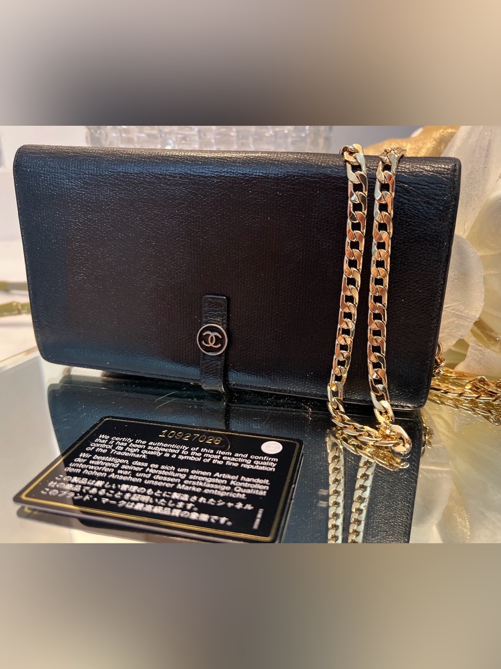 AUTHENTIC CHANEL Black Leather Long Wallet Crossbody Gold Chain